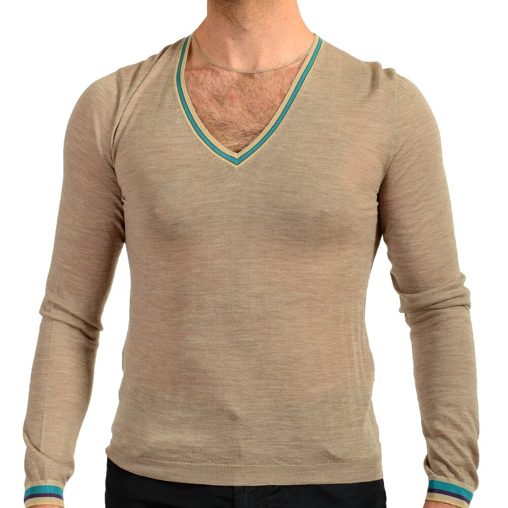 Prada Men's Gray 100% Wool V-Neck Pullover Sweater US S IT 48
